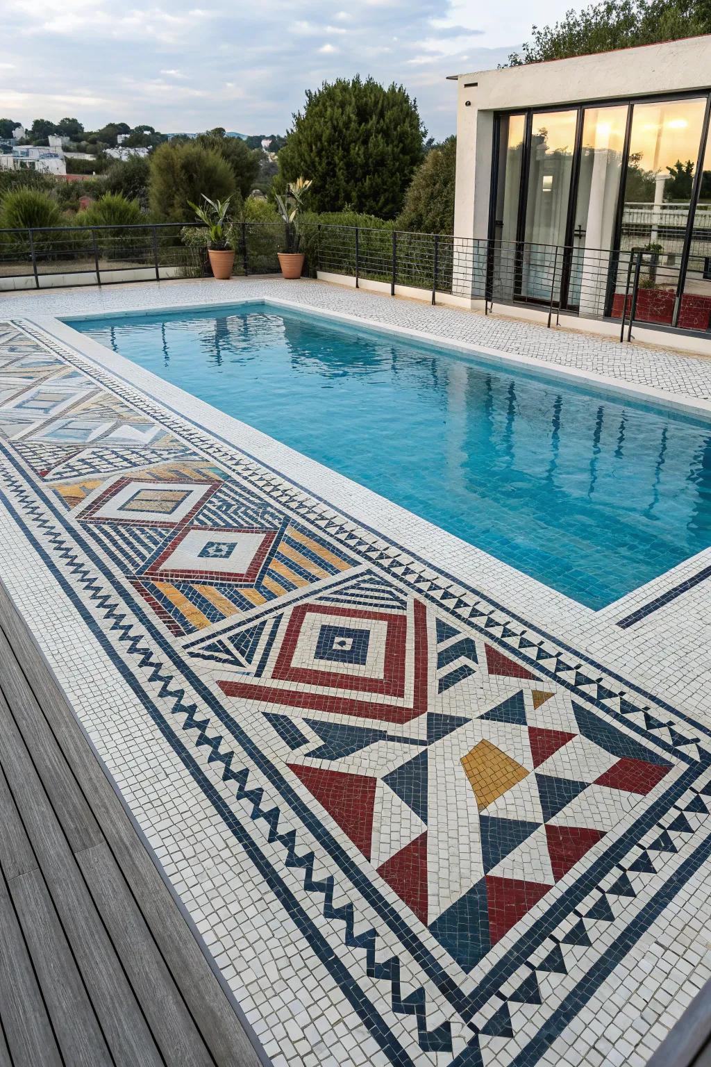 Modernize your pool with geometric pattern mosaics.