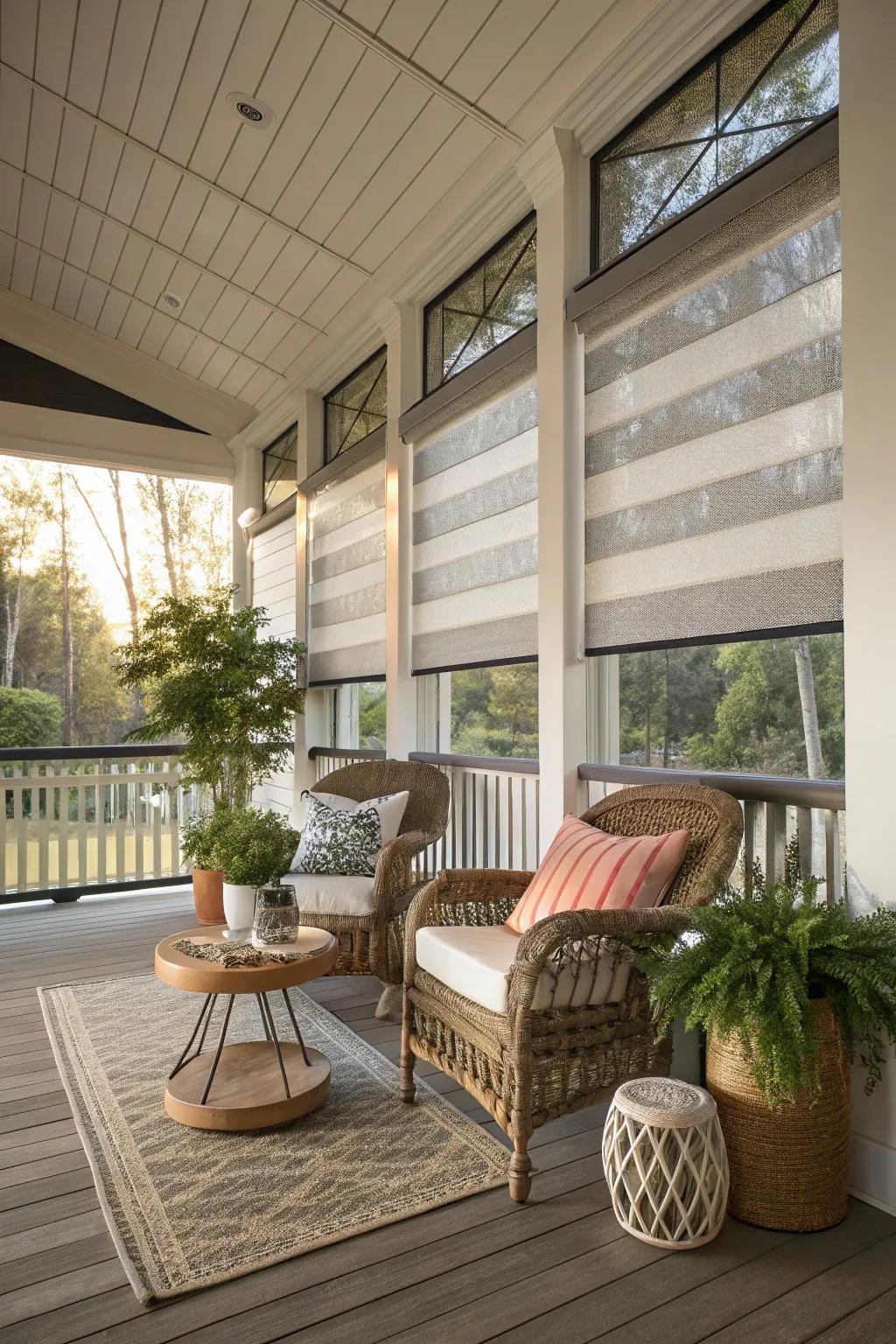 Layered blinds introduce depth and texture to your porch decor.