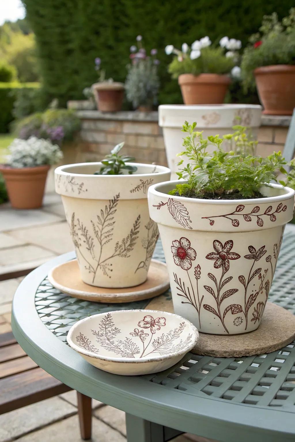 Stamped designs add a personal touch to plant pots.