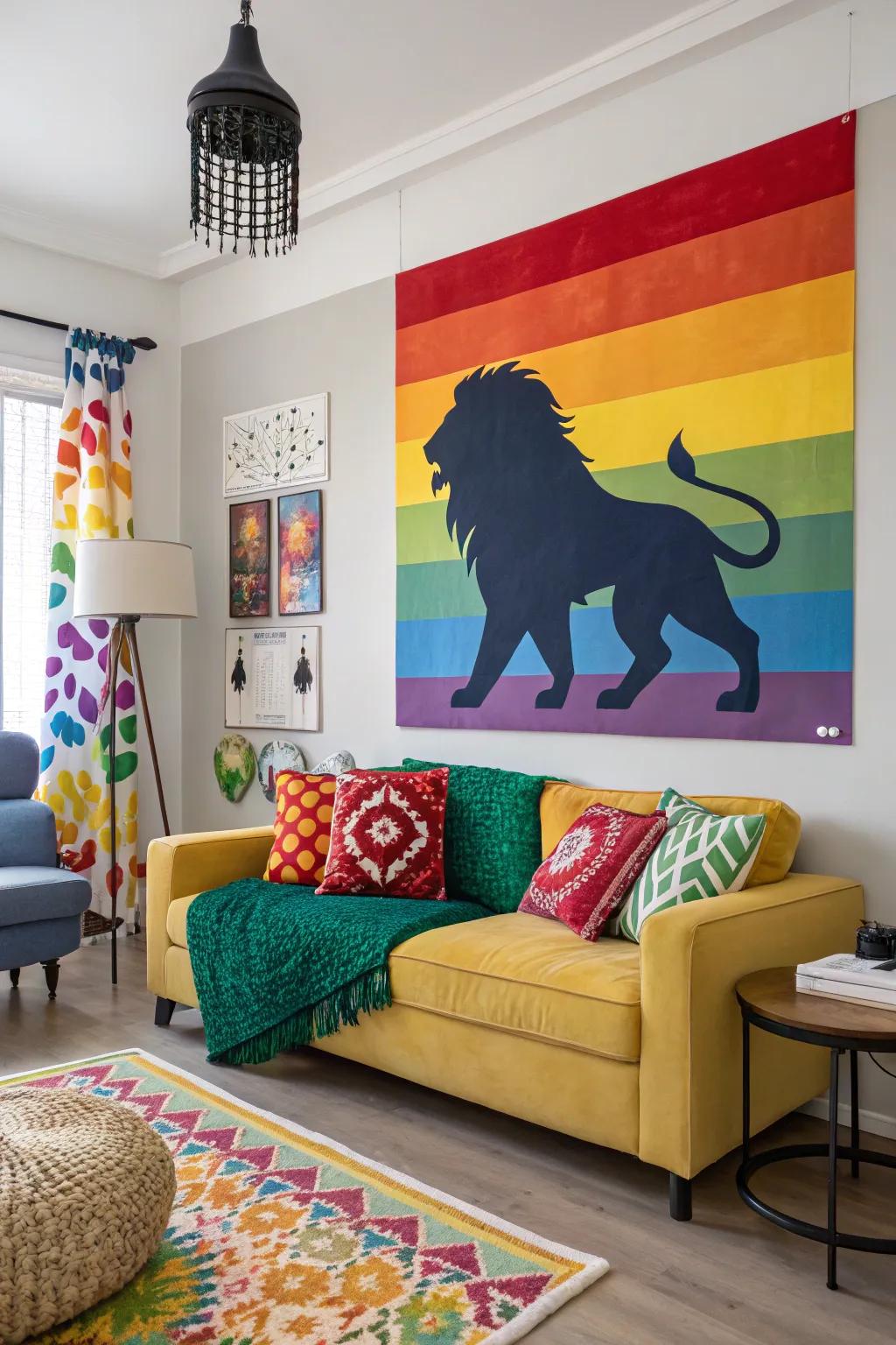 A lion silhouette roaring with pride colors in a living room.