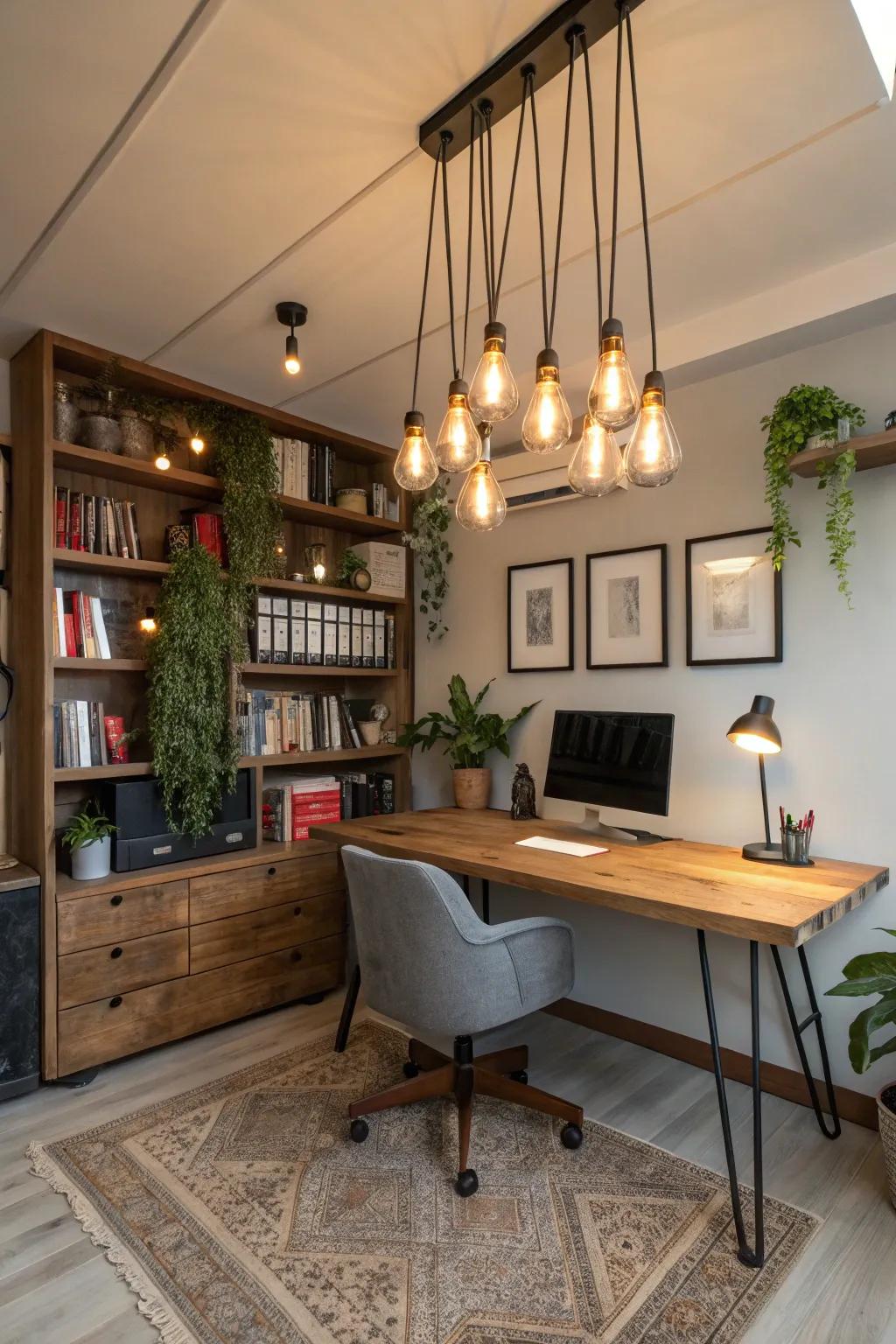 Edison bulb fixtures adding a vintage touch to a home office.