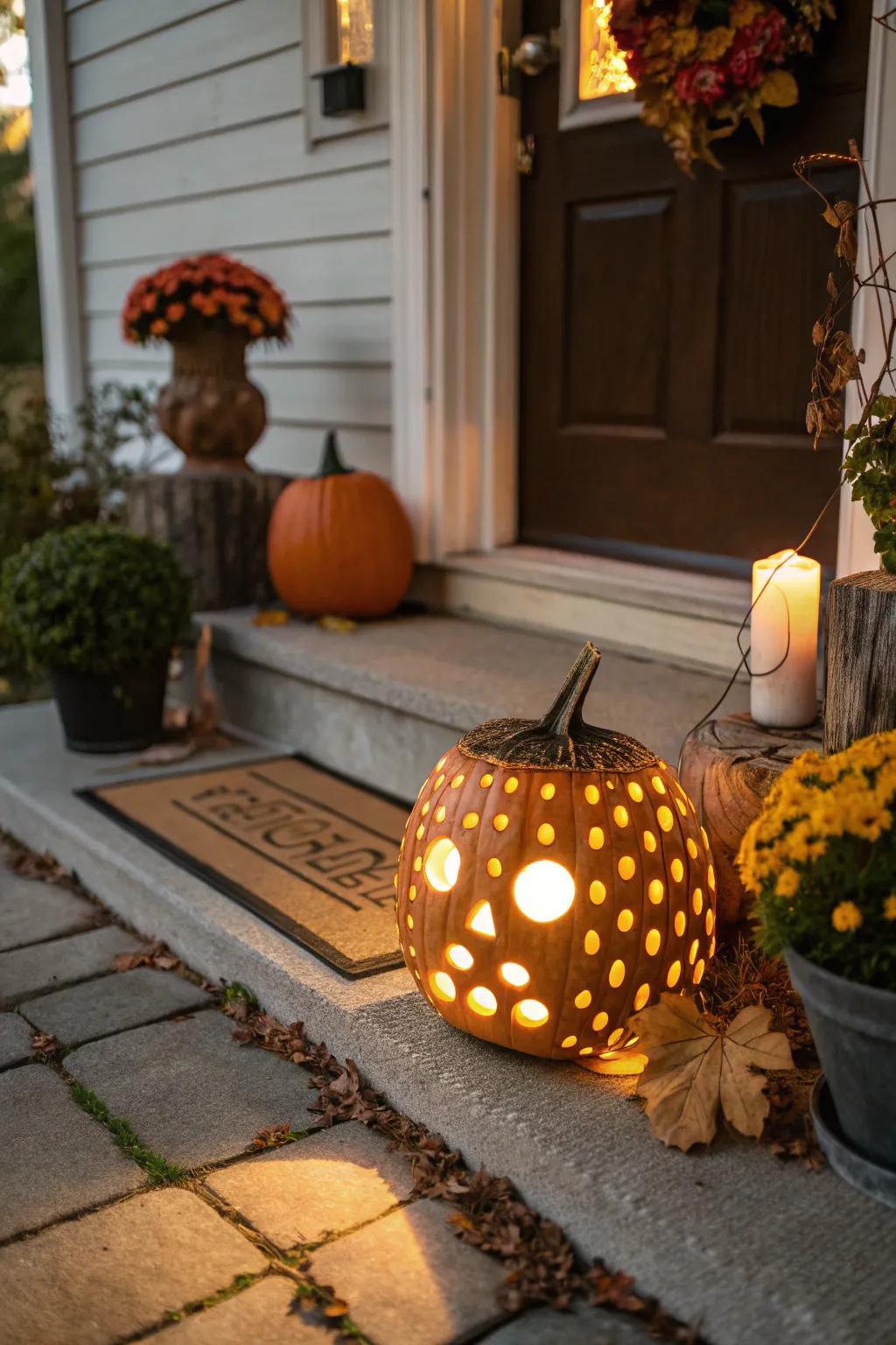 Polka dot pumpkins bring a playful and stylish touch to fall decor.