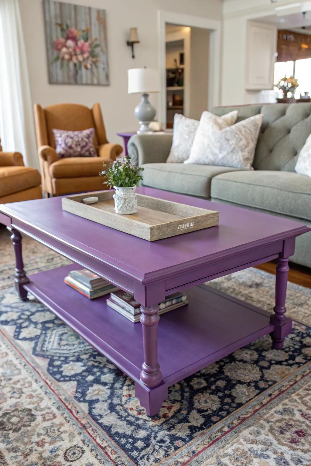 A purple coffee table as a stylish centerpiece.