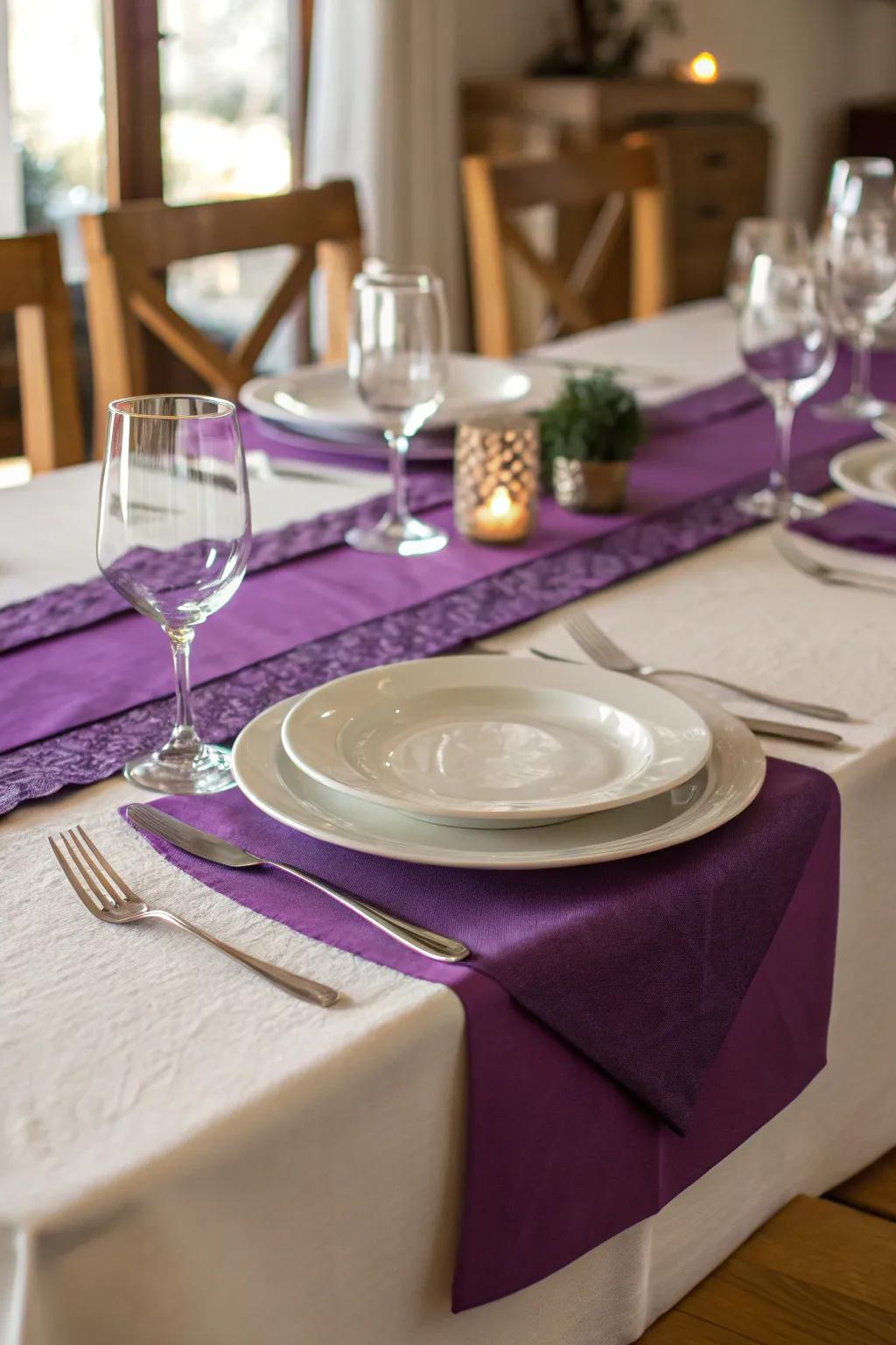 Purple table runners that add a vibrant touch to the tablescape.