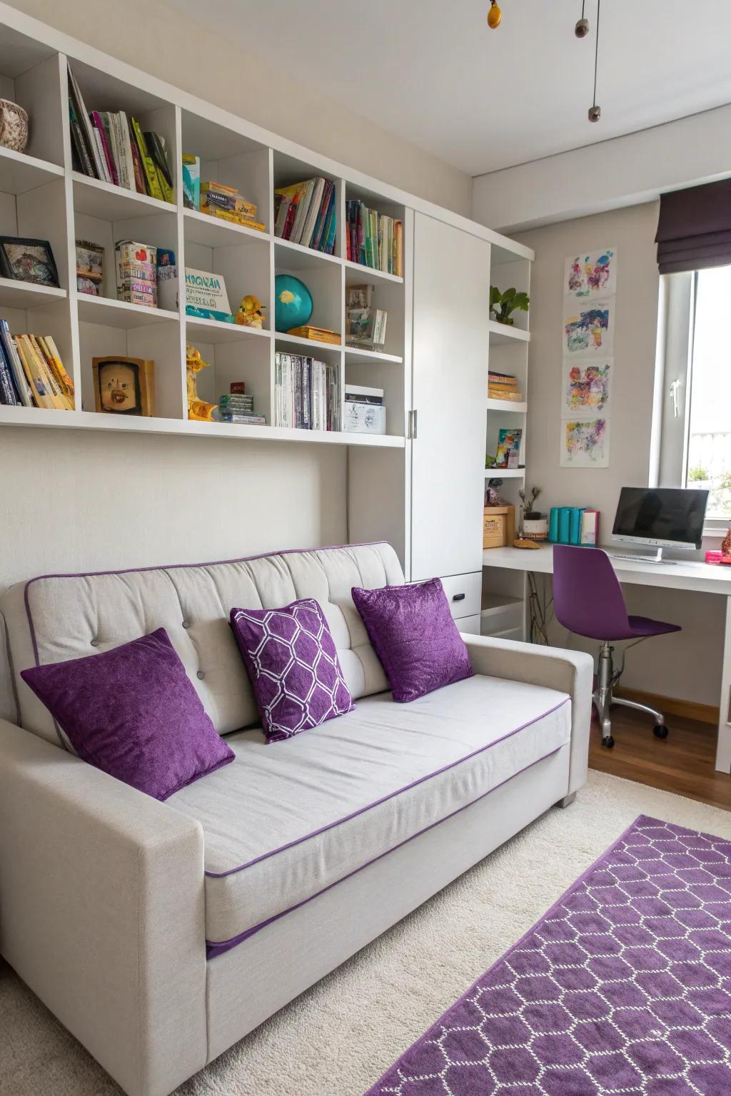 Purple accent pillows add depth and texture.