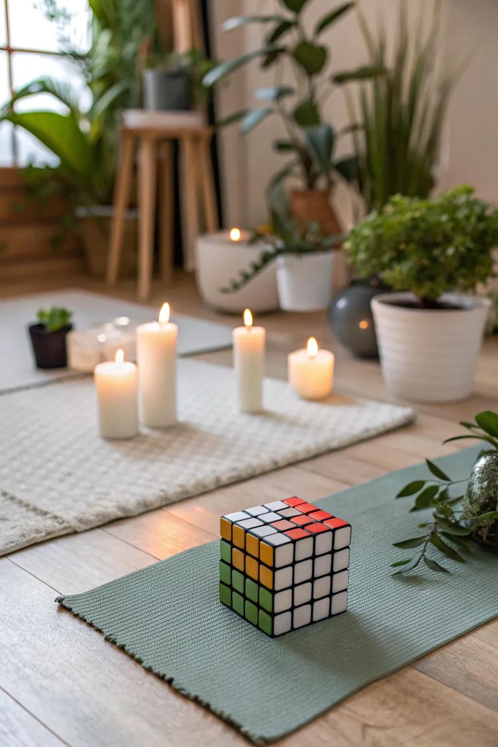 A puzzle cube serves as a meditative tool in a serene setting.