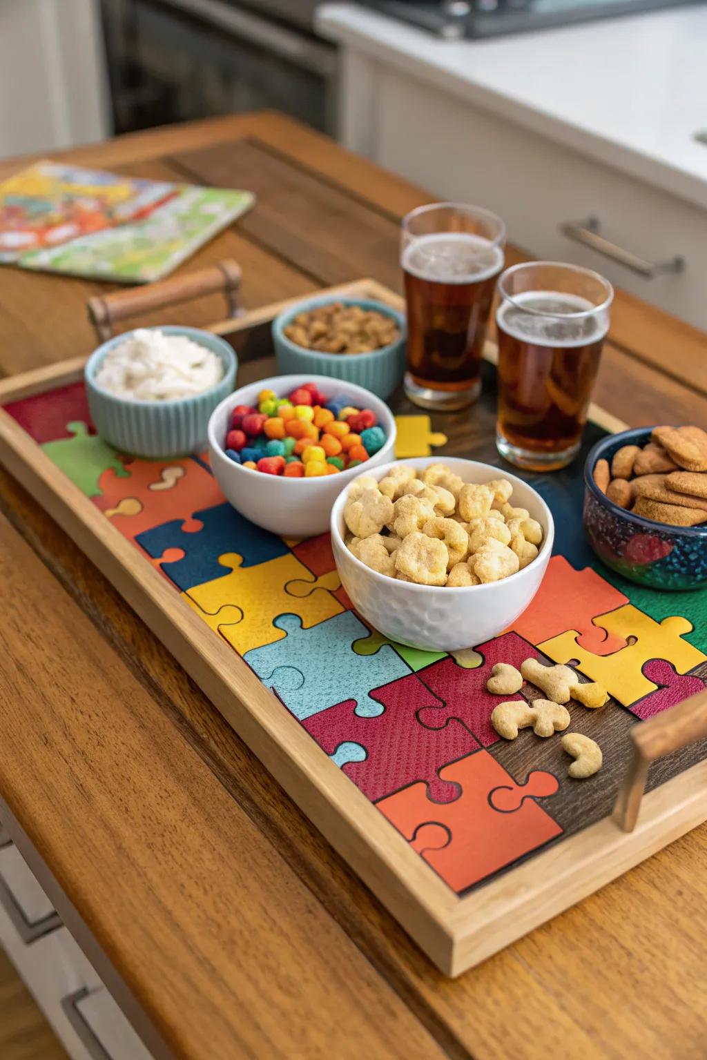 Puzzle piece serving trays add a creative flair to entertaining.