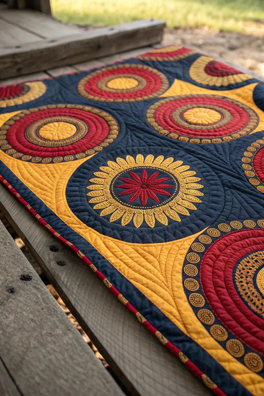 Dynamic Circular Quilt: A Masterpiece of Bold Craftsmanship