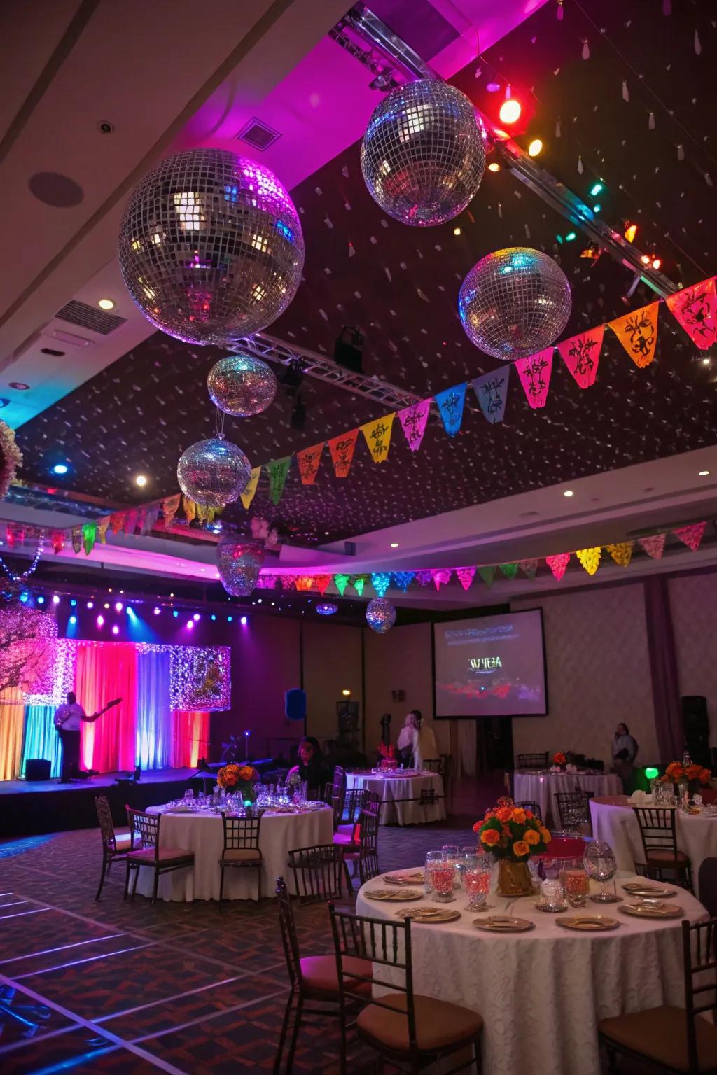 A lively retro-themed quinceanera with disco balls and neon lights.