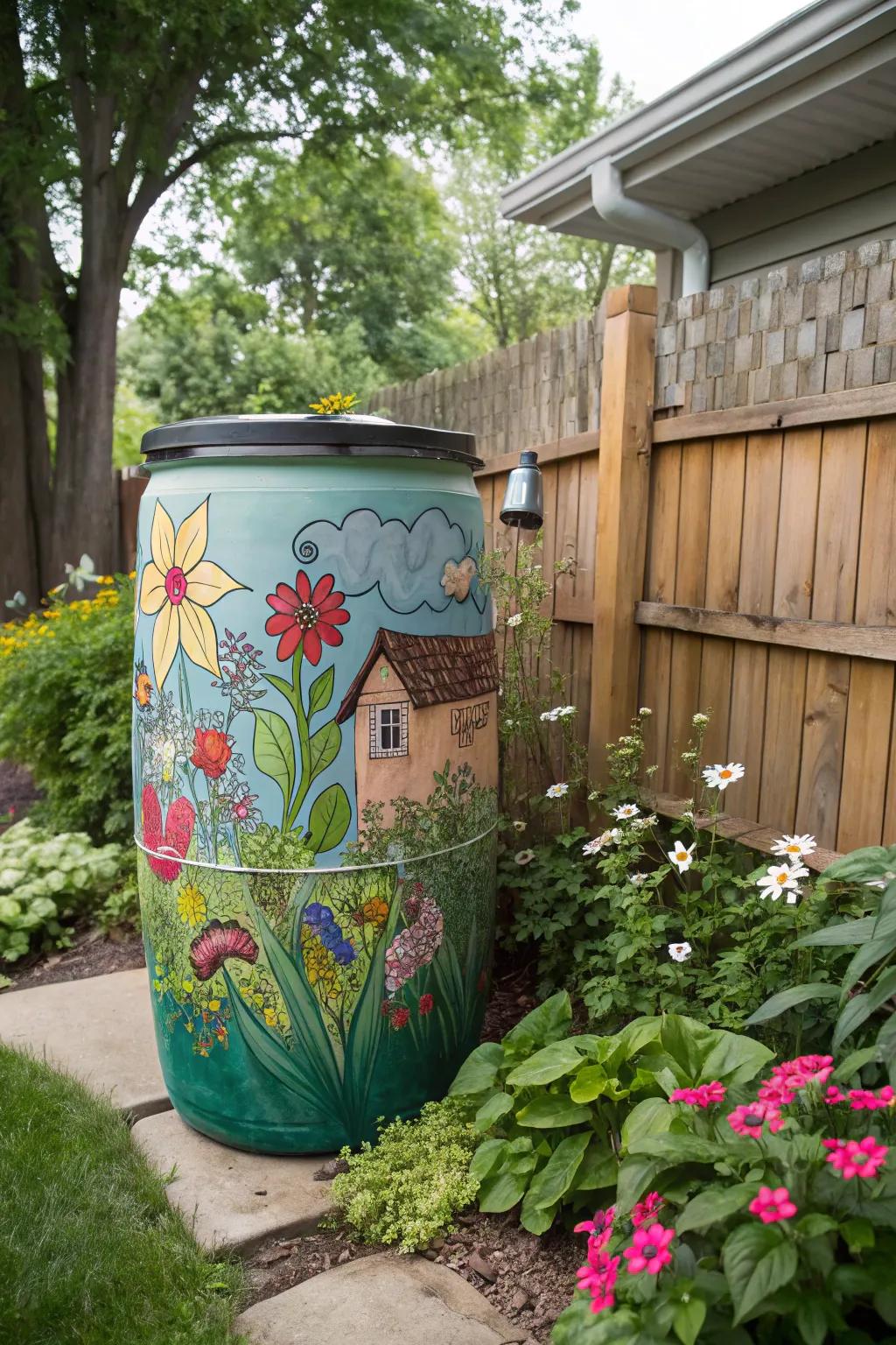 A painted garden mural can make your rain barrel a striking focal point.