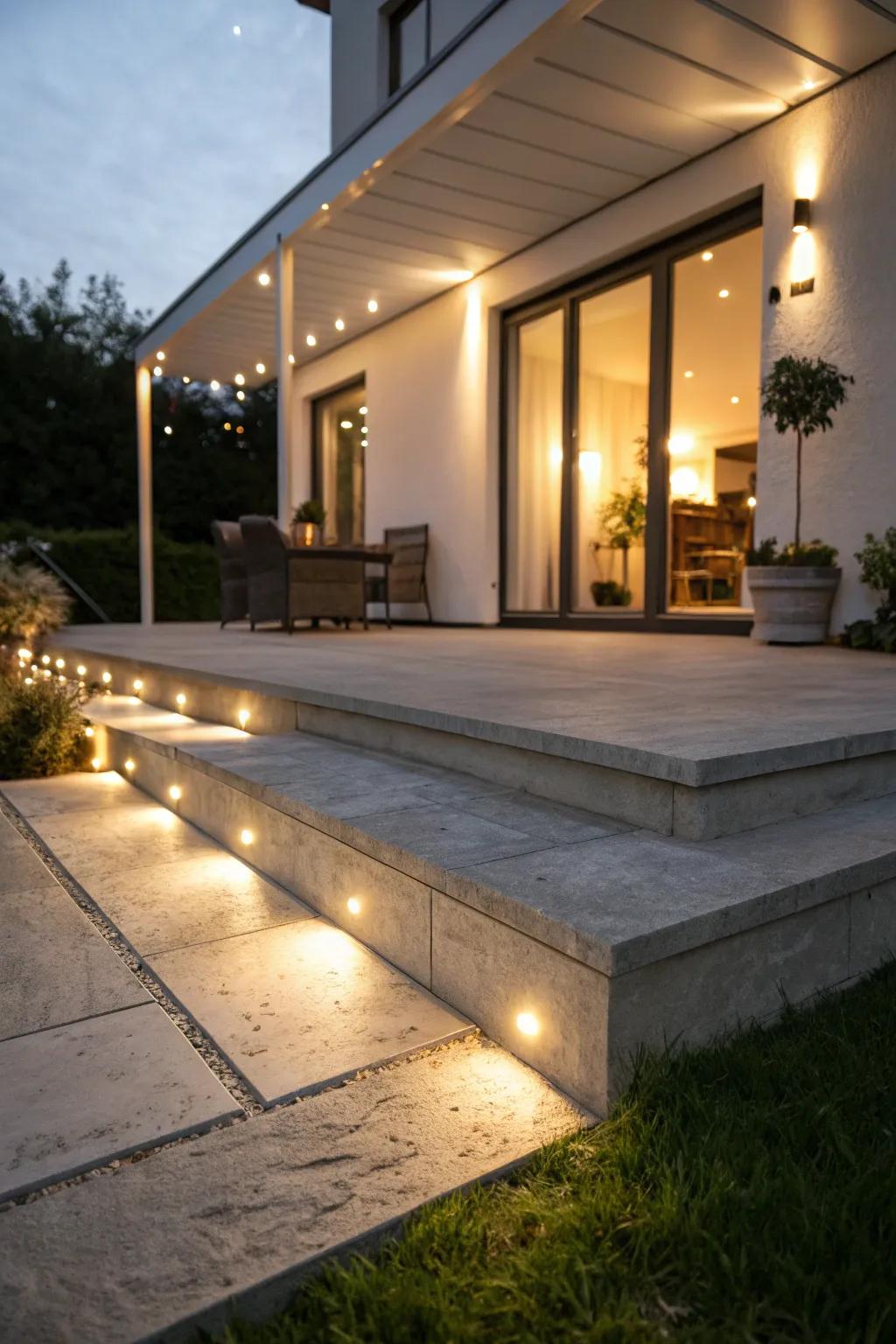 LED lighting transforms this raised concrete patio into a captivating nighttime retreat.