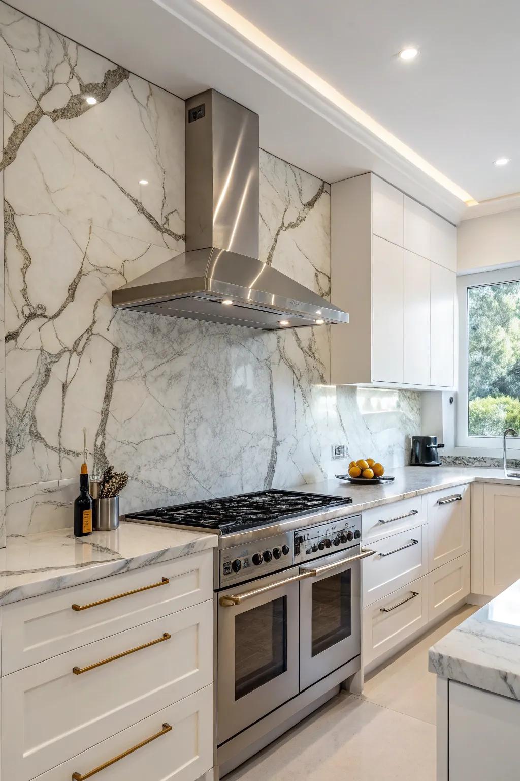 Seamless integration of range hood and backsplash unifies kitchen design.