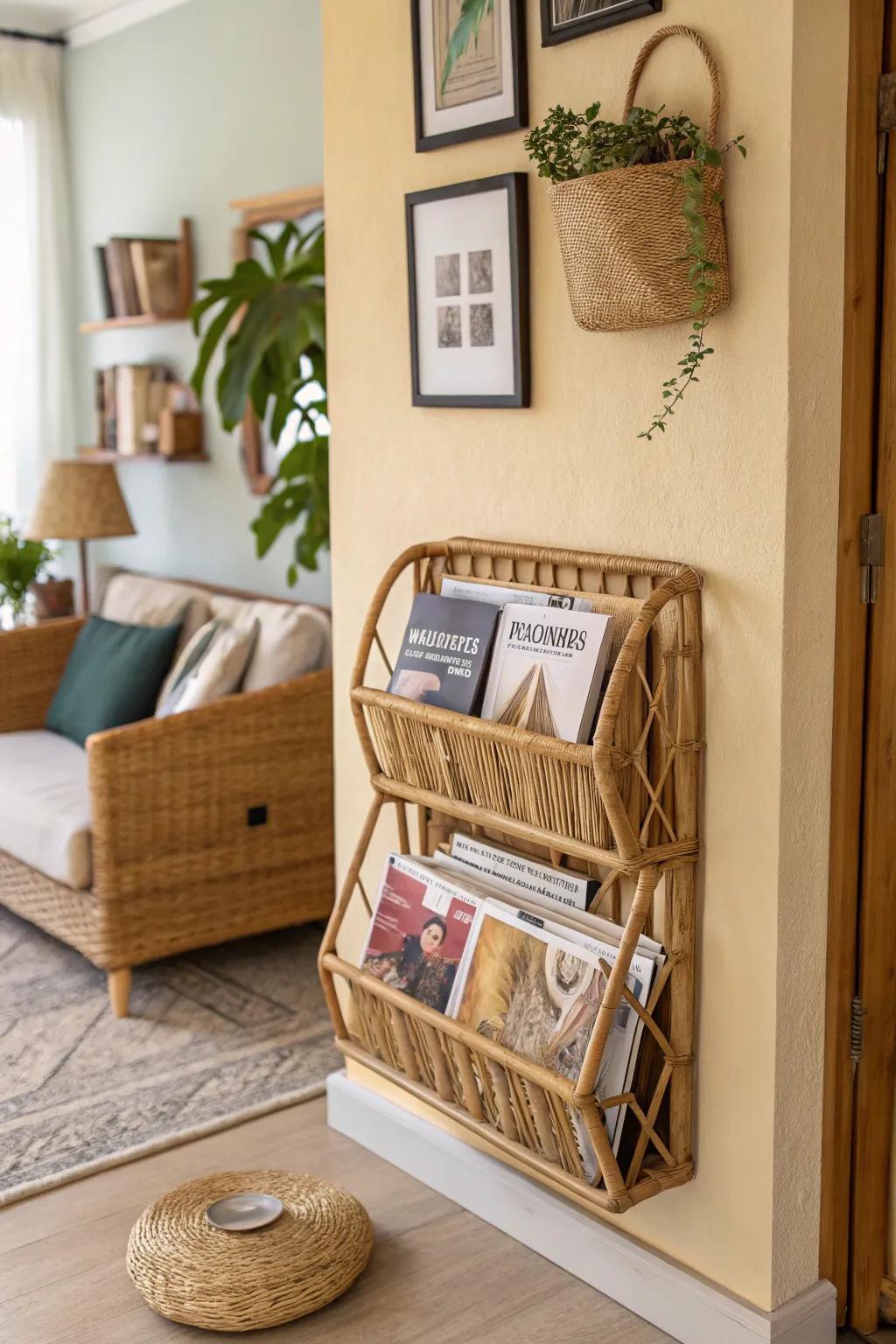 Invite guests to explore with a rattan magazine wall rack.