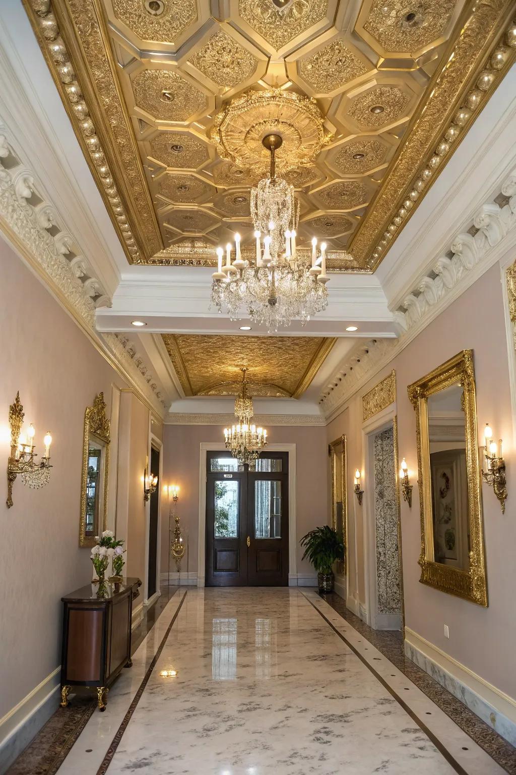 An entryway featuring a gilded recessed ceiling.