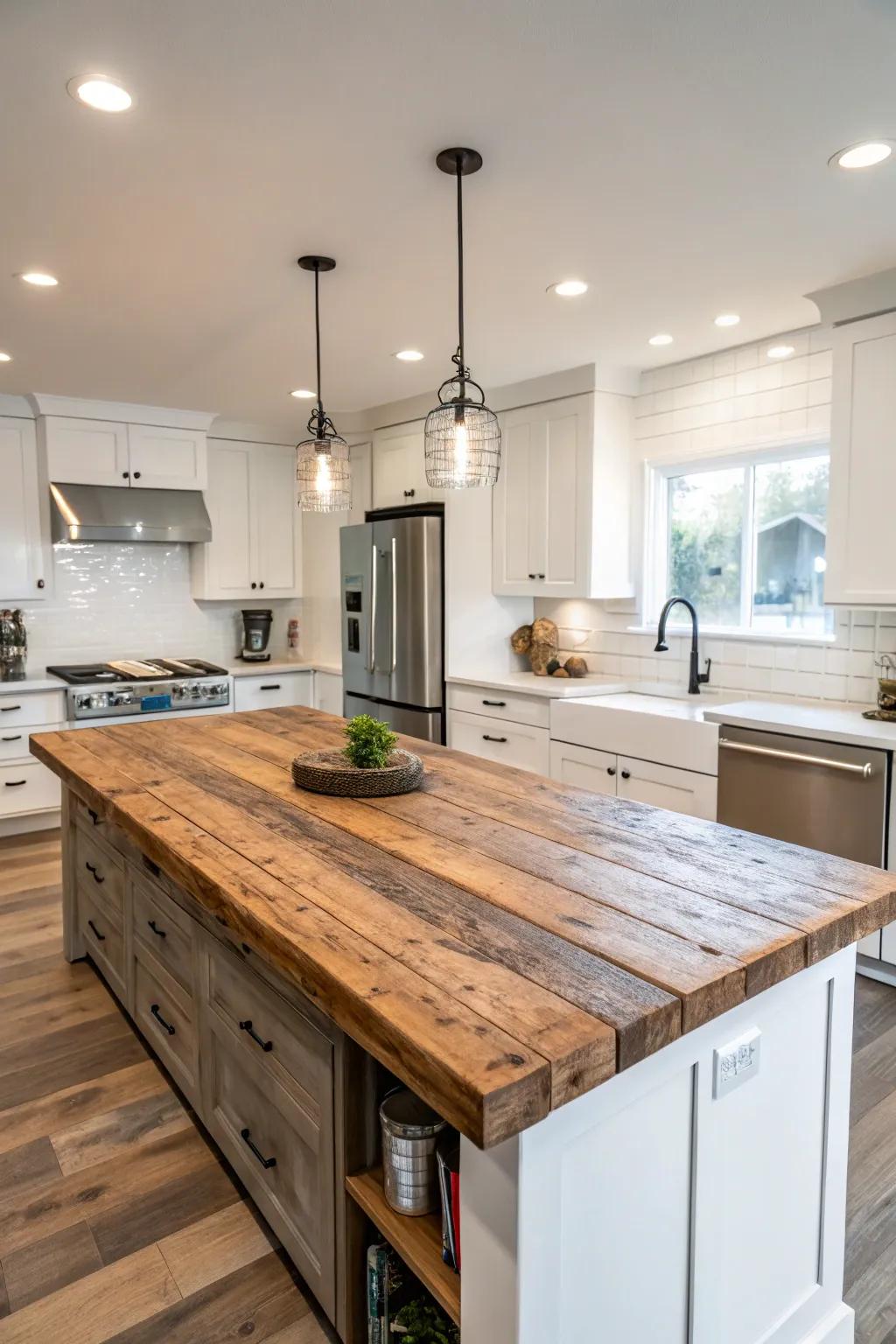 A reclaimed wood island top adds warmth to your kitchen.