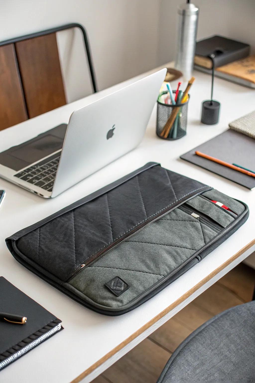 A fashionable laptop sleeve made from a recycled jacket offers protection and style.