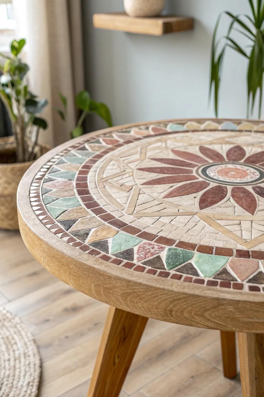 Transform your dining space into a mosaic masterpiece with recycled tiles. Embrace simplicity and natural beauty.