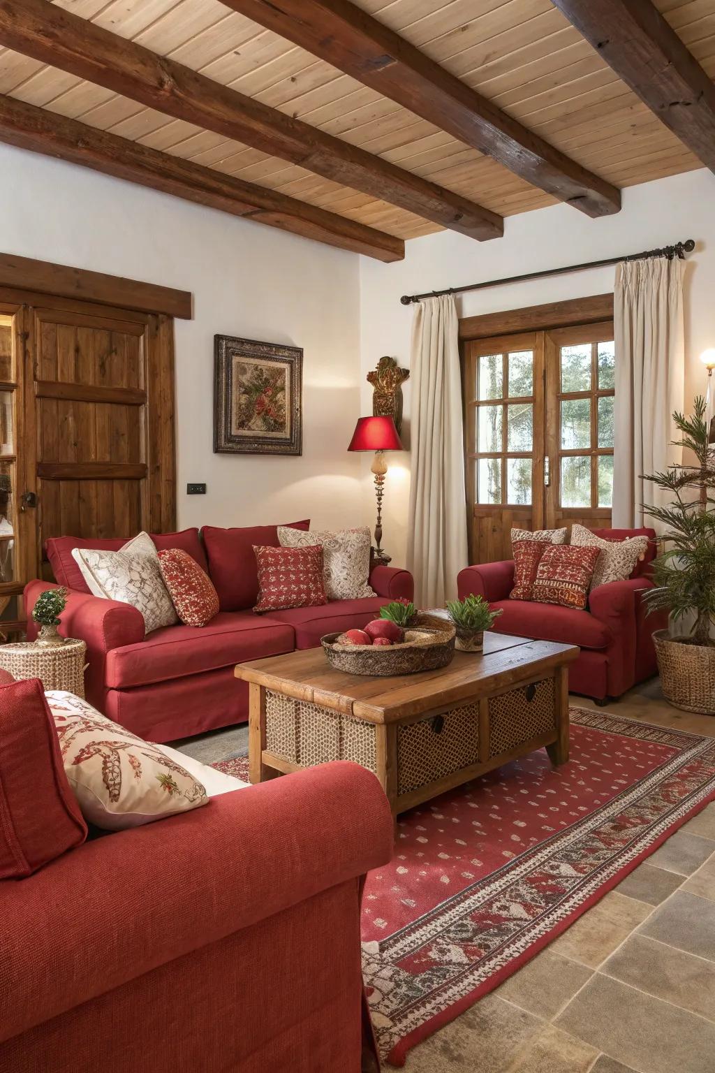 Red and wood tones create a warm and elegant space.