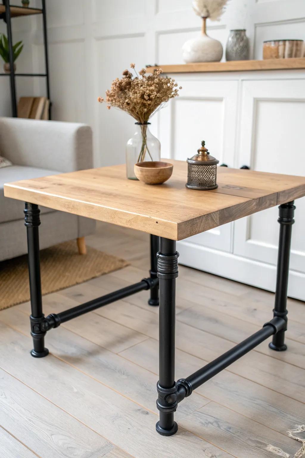 Transform your space with this chic blend of rustic and modern styles—end table with industrial pipe legs.