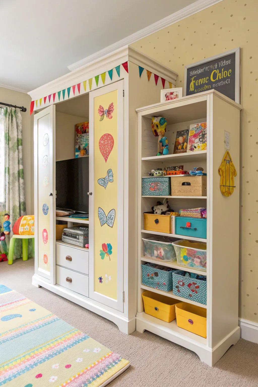 A kids' play station armoire keeps toys organized and accessible.