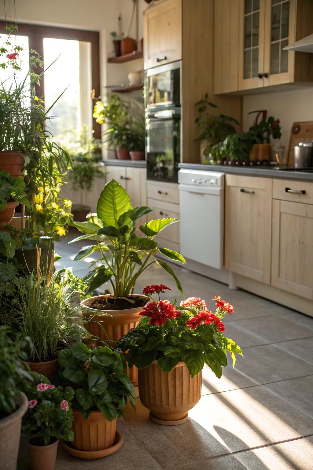 Greenery brings freshness and vitality to a rental kitchen.