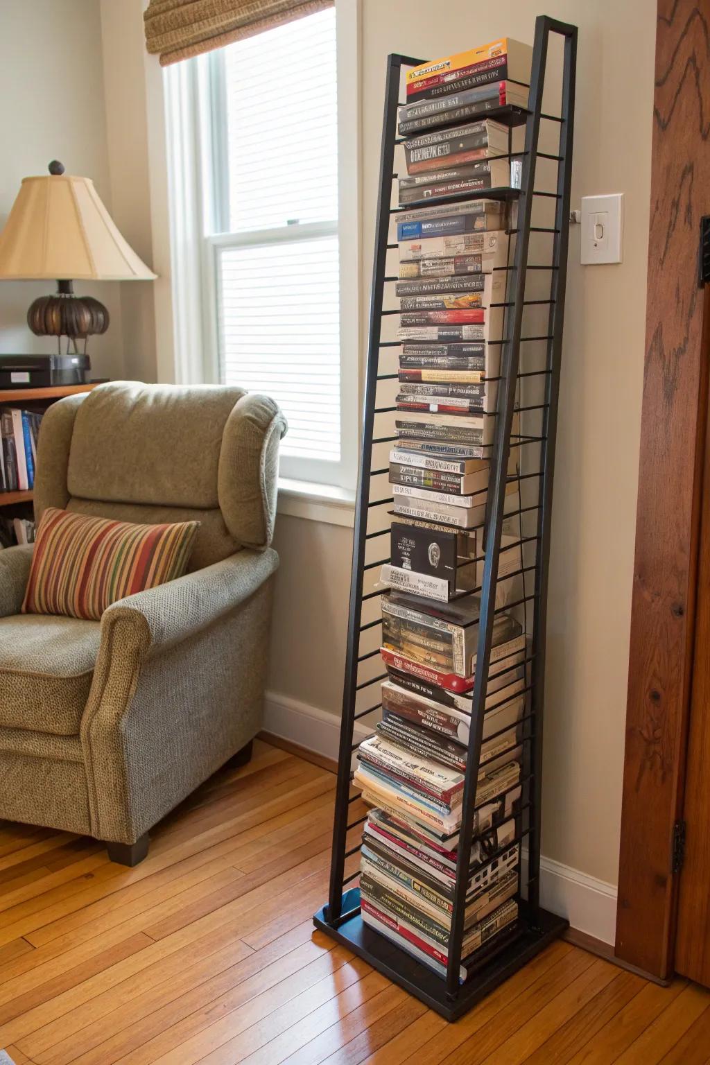 Transform your space with a unique vertical bookshelf: where craftsmanship meets creativity.