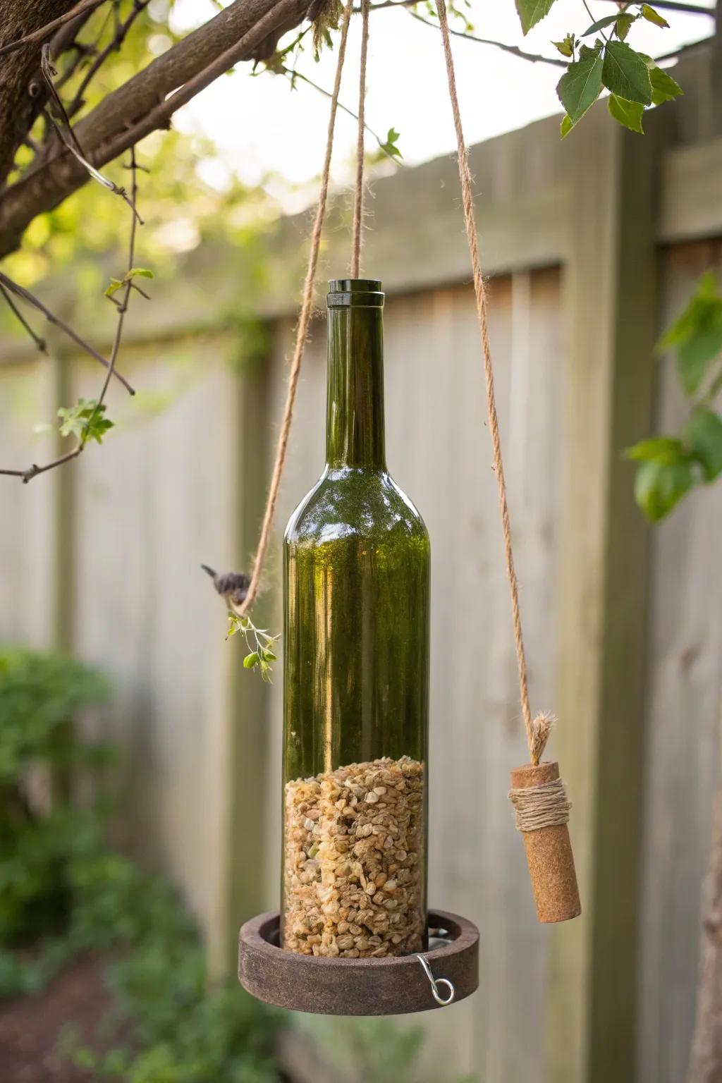 Bring a touch of Scandinavian charm to your garden with this DIY wine bottle bird feeder.