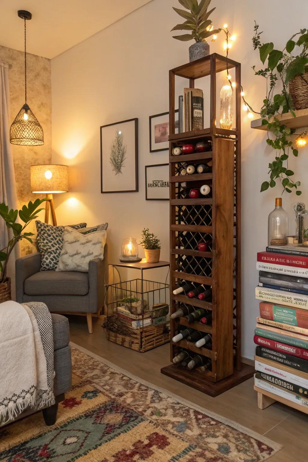 A stylish book display using a repurposed wine rack.