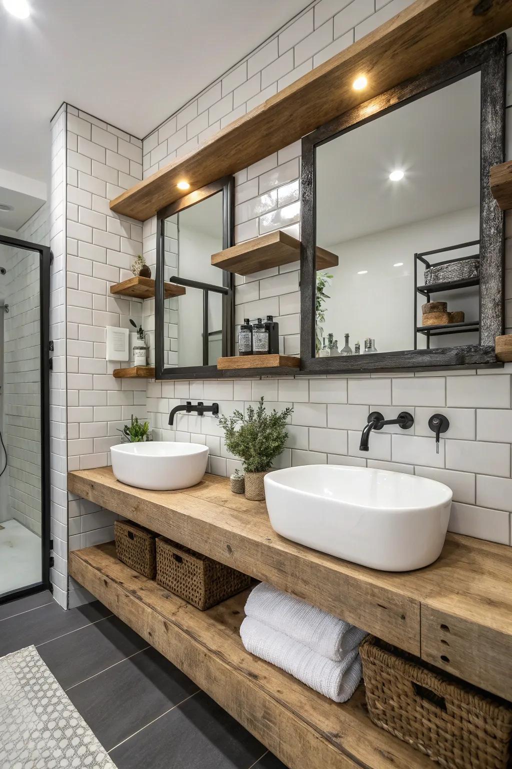 Reclaimed wood shelves add rustic charm to modern bathrooms.