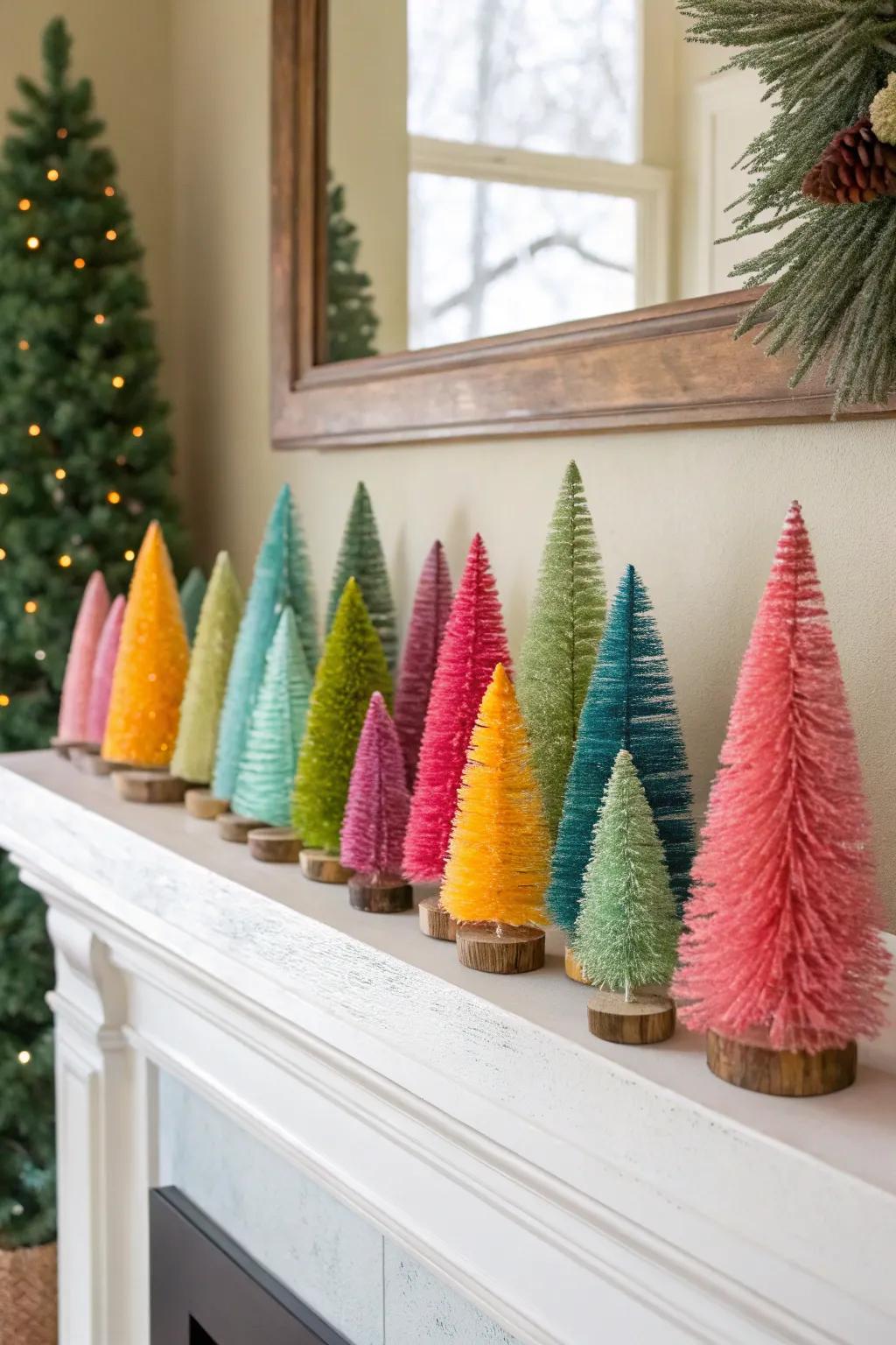 Bottle brush trees add texture and color to holiday decor.