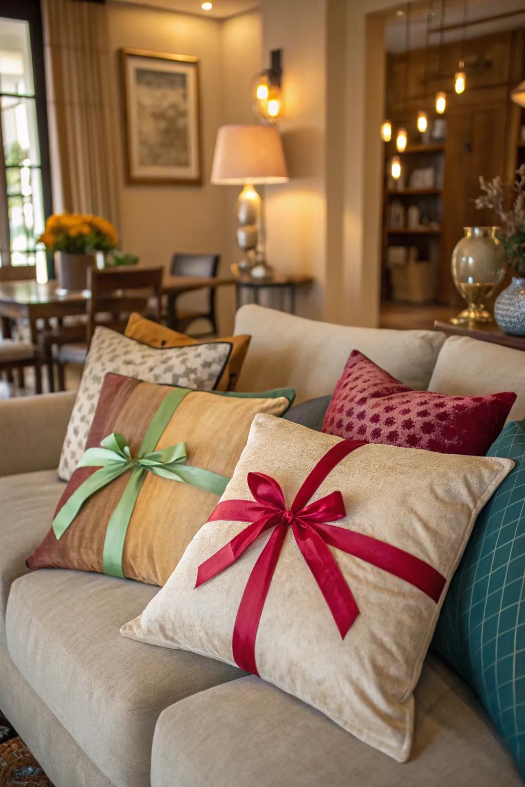 Tie ribbons around pillows for a quick and stylish refresh.