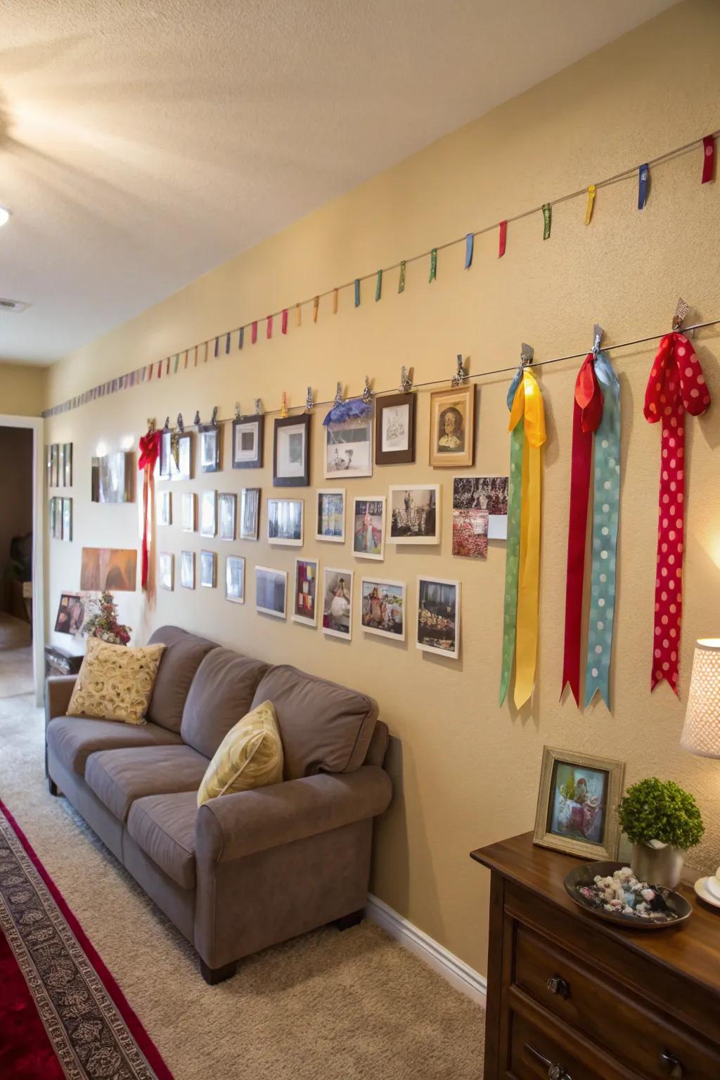 Cherished memories in a ribbon photo display.