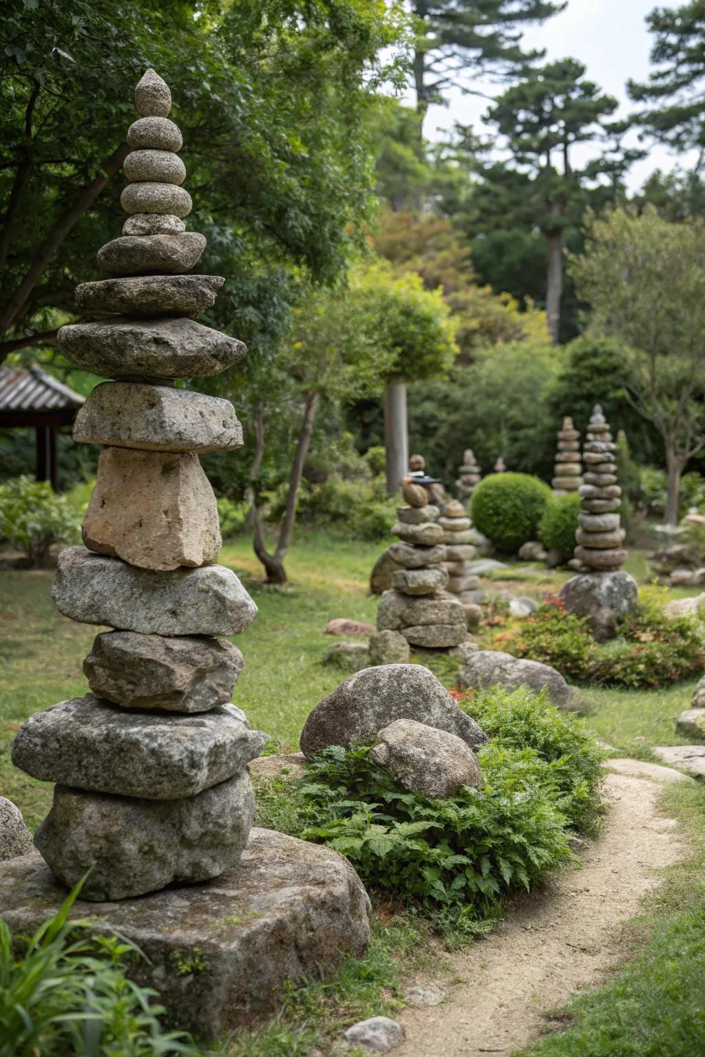 Stacked stone structures add stability and artistic flair.