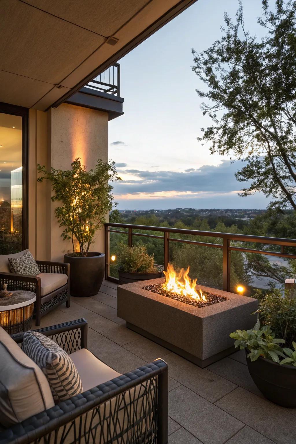 Extend your balcony use with a cozy outdoor fireplace.