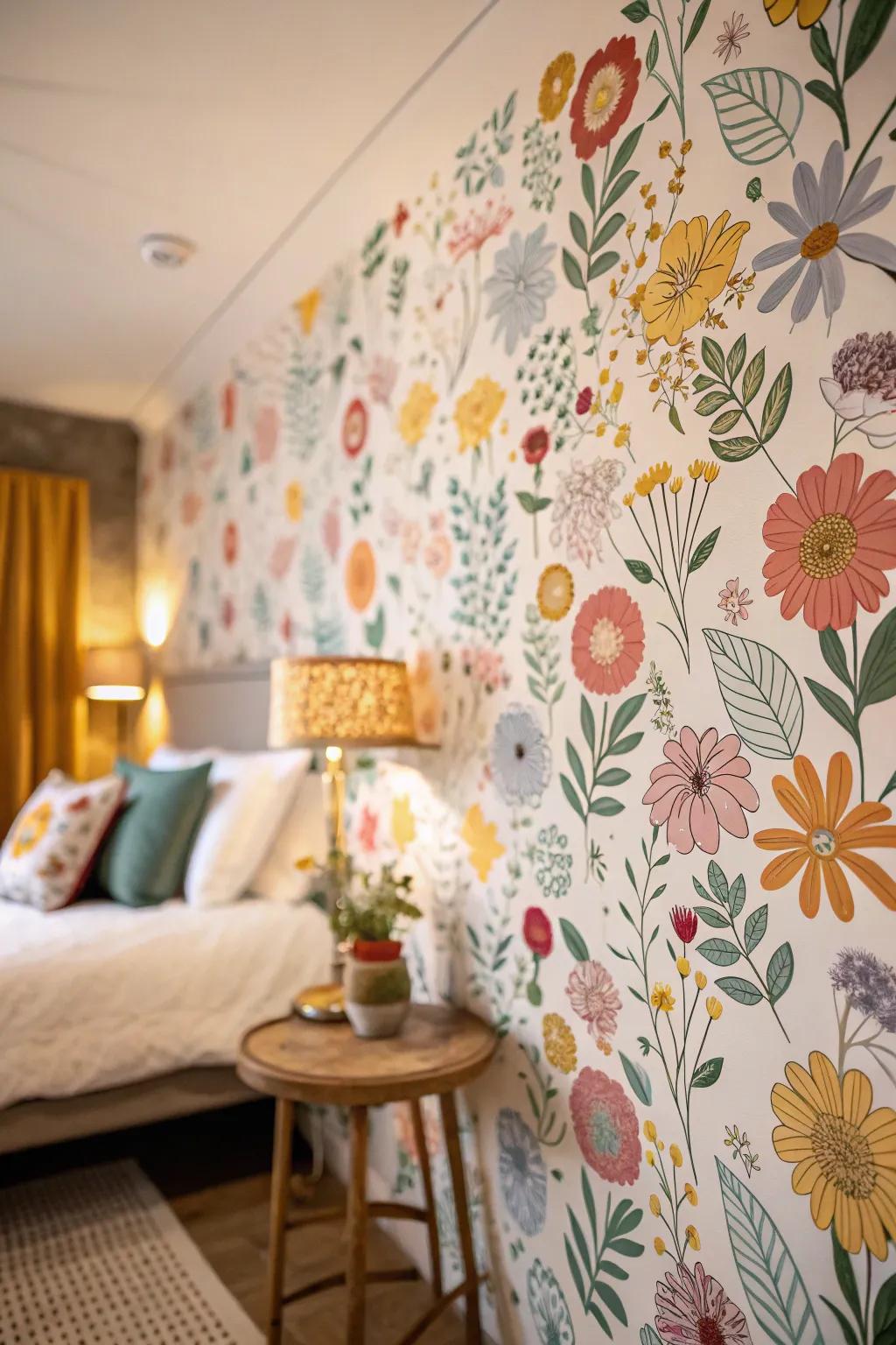 Whimsical floral wallpaper adds a playful and romantic touch.