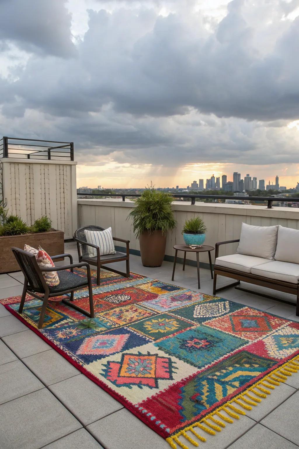 Outdoor rugs can define areas and enhance the overall design of your rooftop.