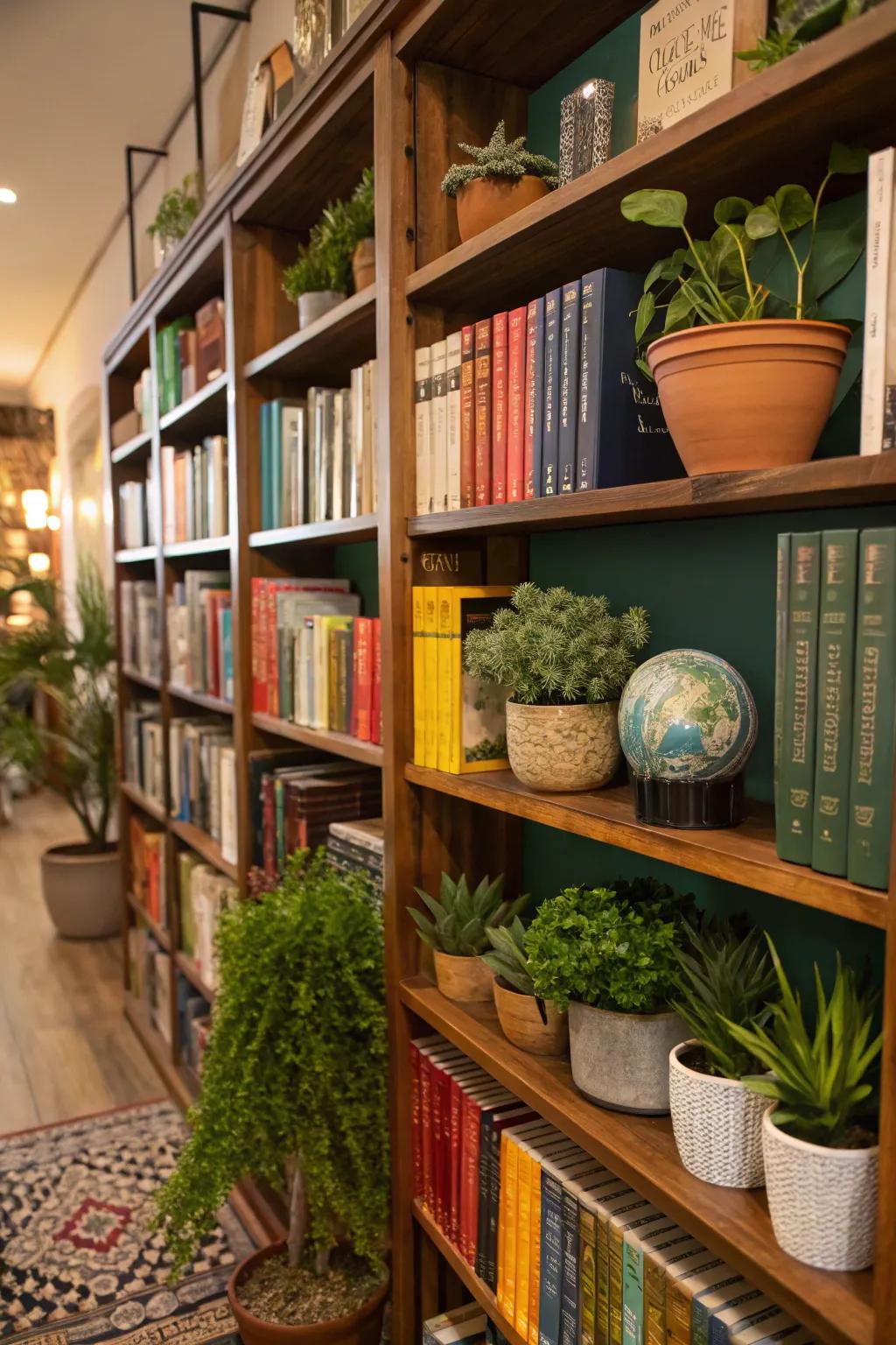 Bookshelves enhanced with faux greenery.