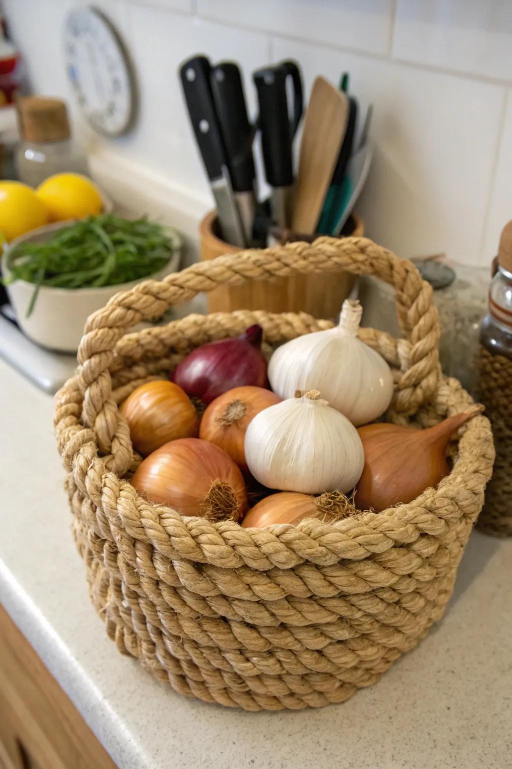 A rope basket adds rustic charm to kitchen storage.