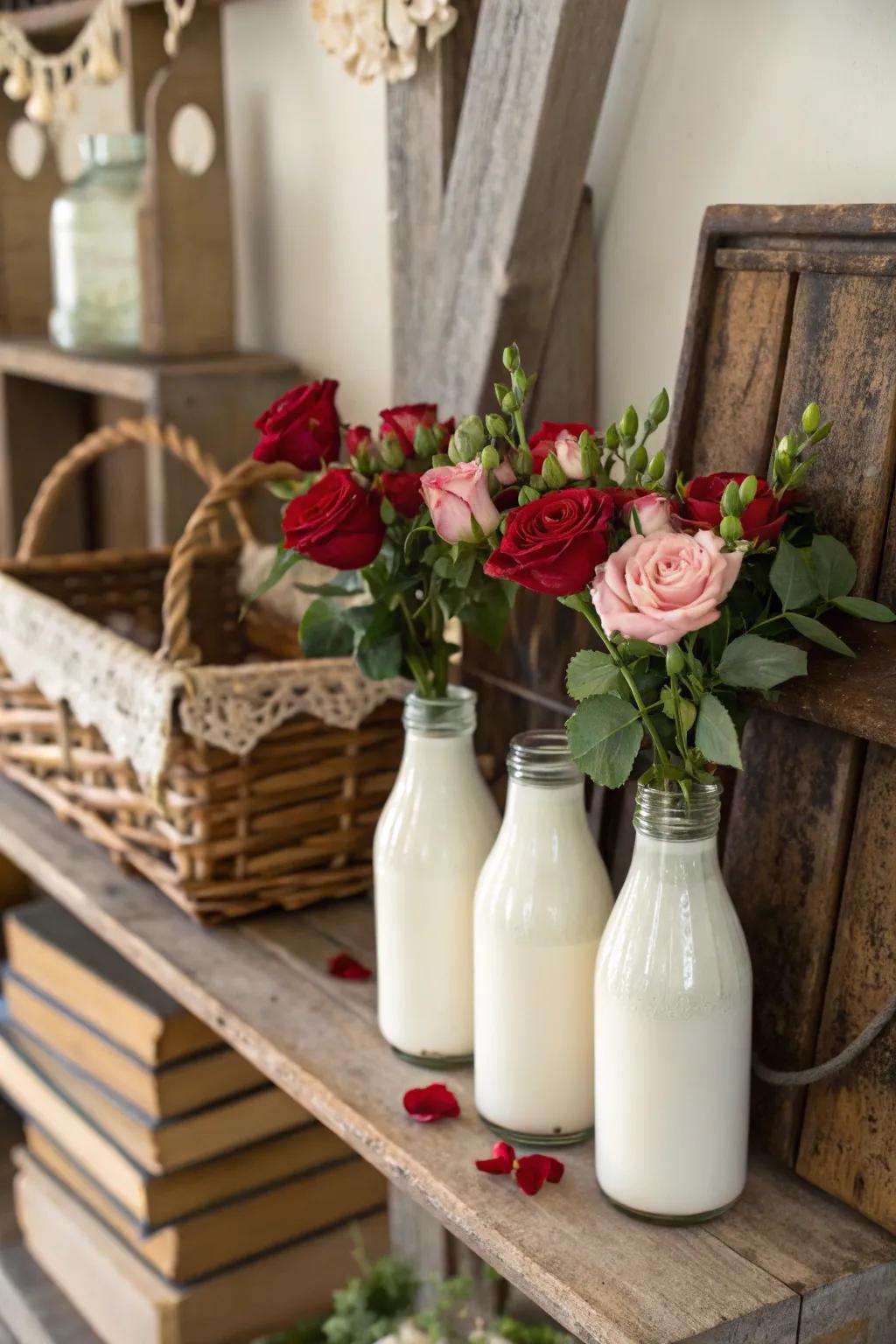 Vintage milk bottles give roses a charming farmhouse-style flair.