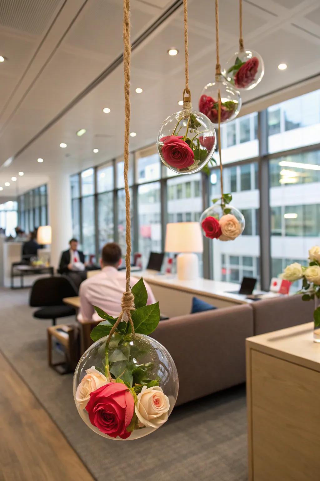 Roses in hanging glass orbs add a whimsical, magical touch.