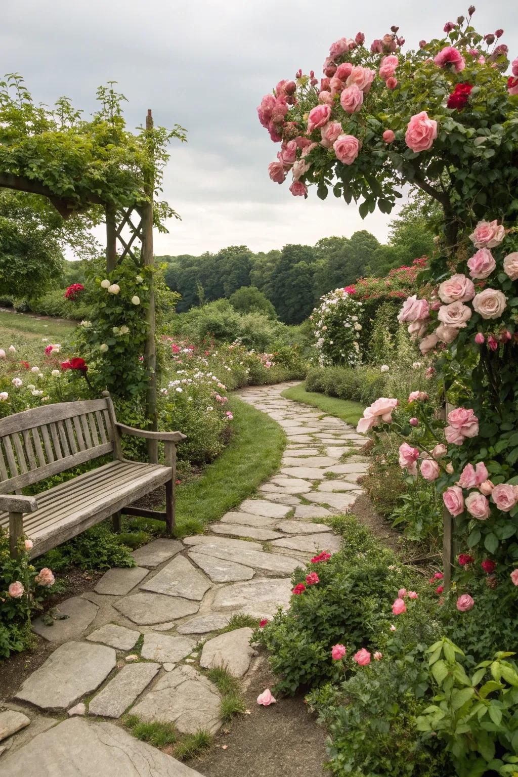 Hardscape elements, complementing the natural beauty of roses.