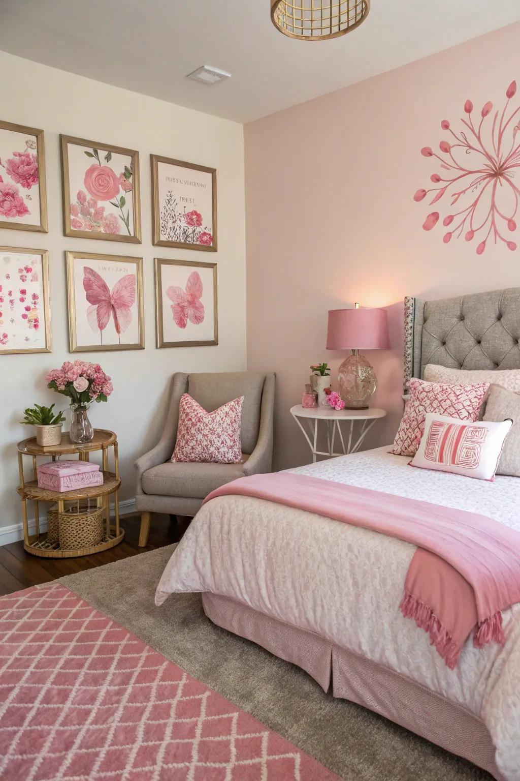 Pink artwork adds personal style and color.