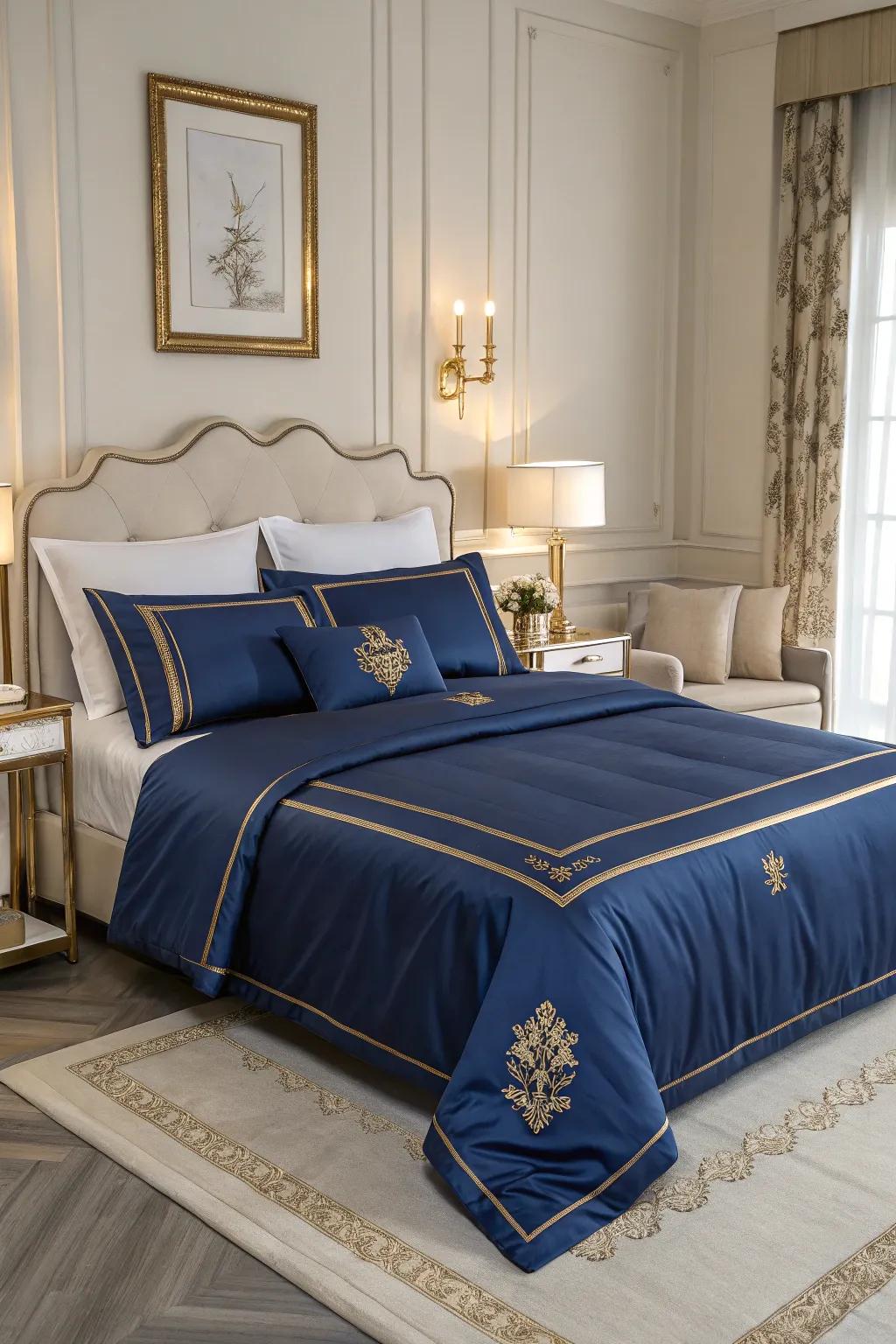 Monochrome royal blue with subtle gold touches offers sophistication.