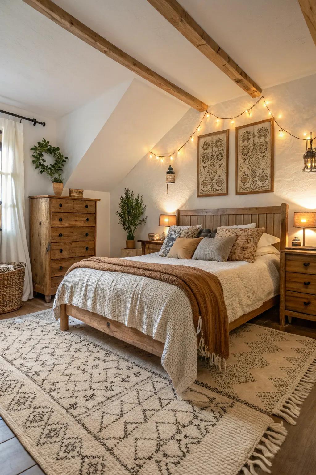 A textured rug adds depth and intrigue to a rustic bedroom setting.