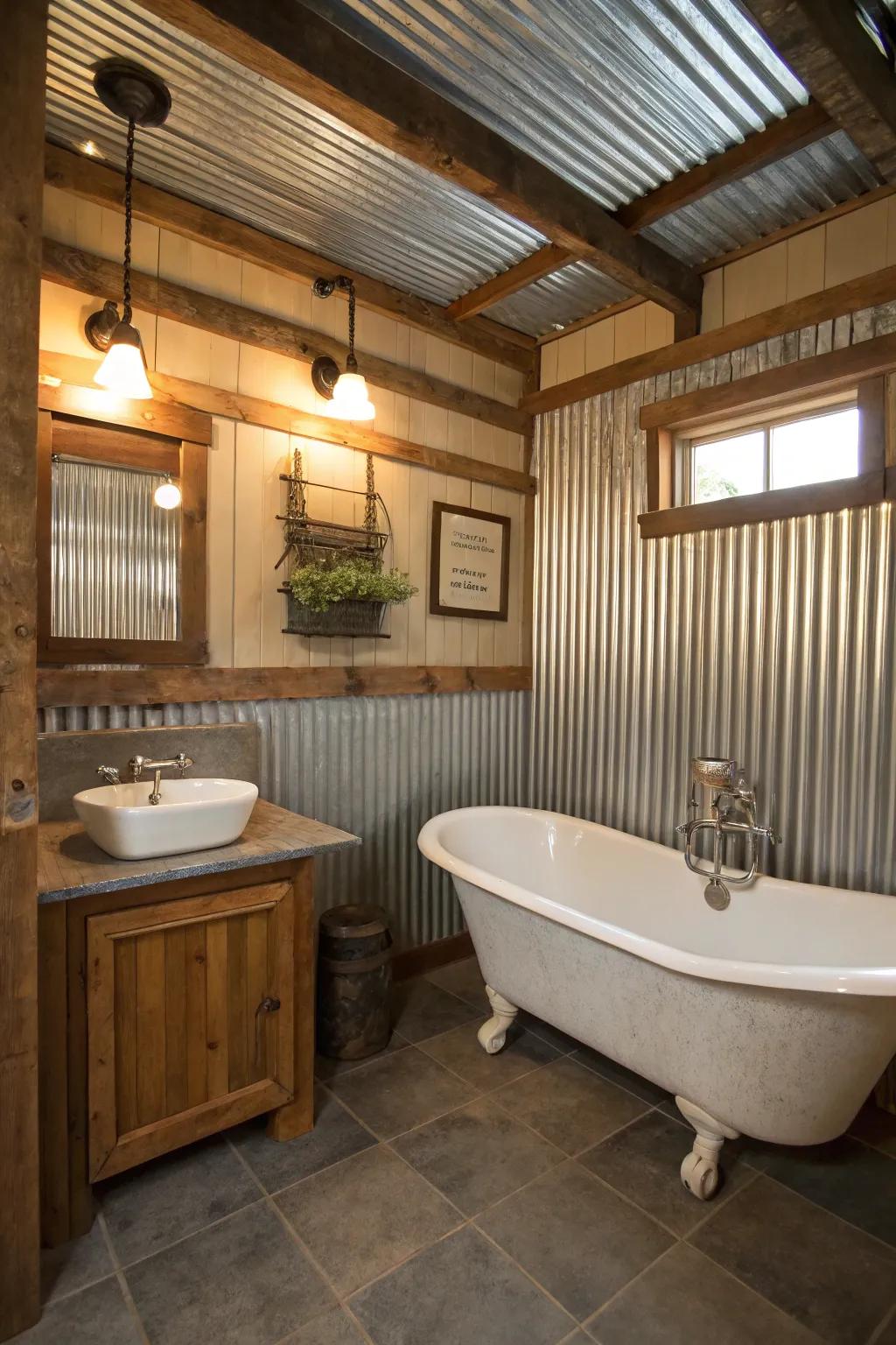 Corrugated metal light shades add warmth and character to this rustic bathroom.