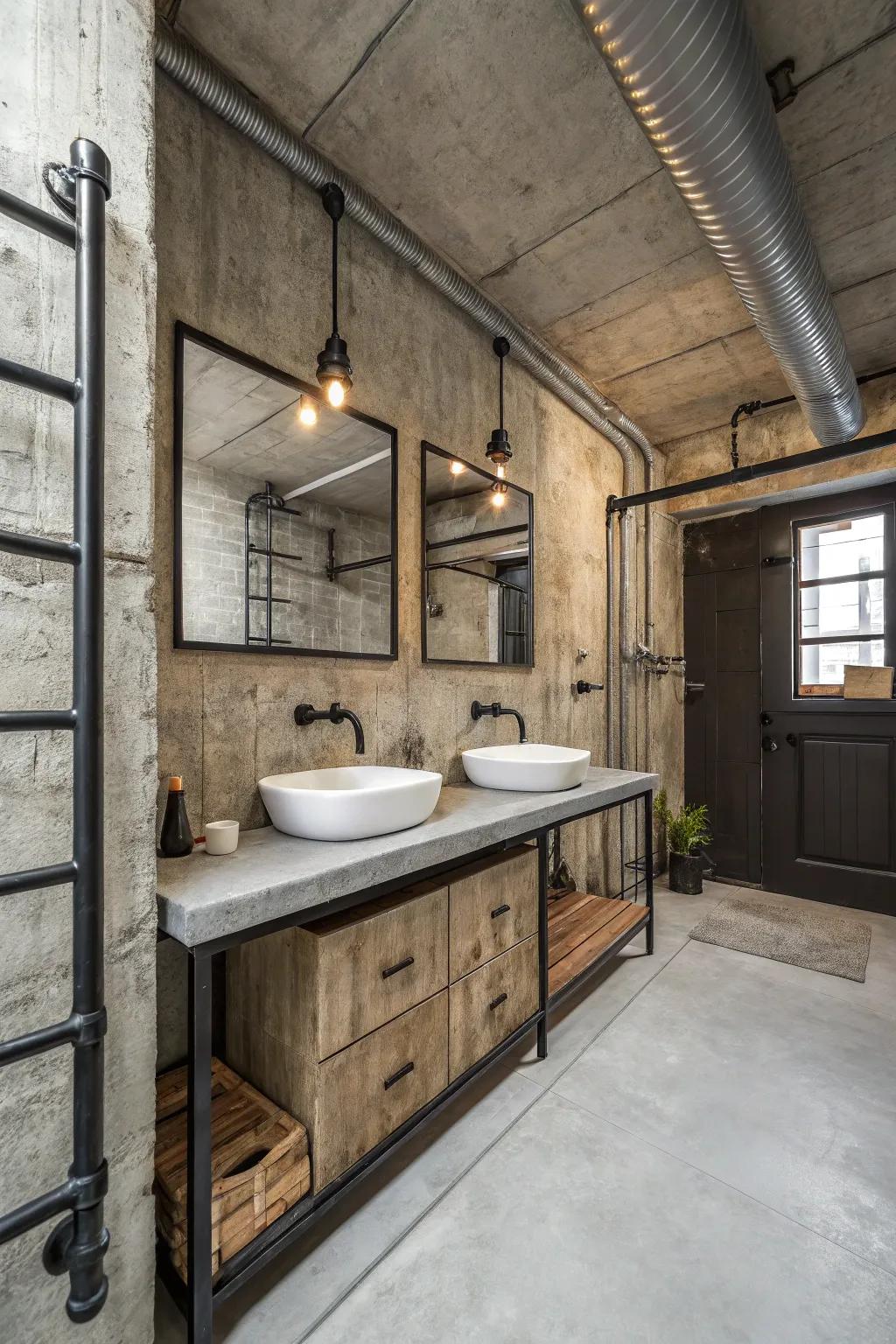 A monochrome palette offers timeless appeal in industrial bathroom designs.