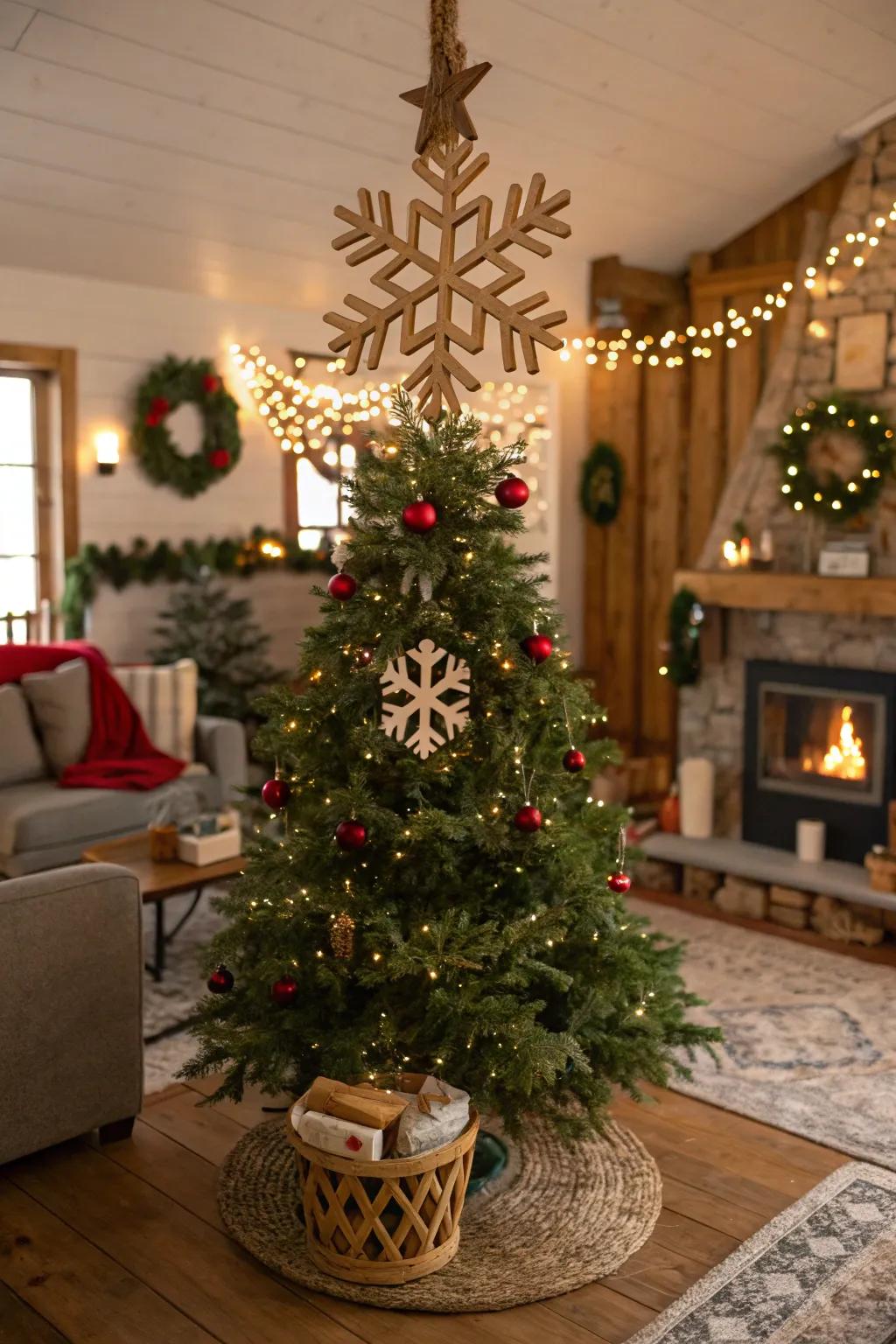 A wooden snowflake adds winter magic to this rustic Christmas tree.