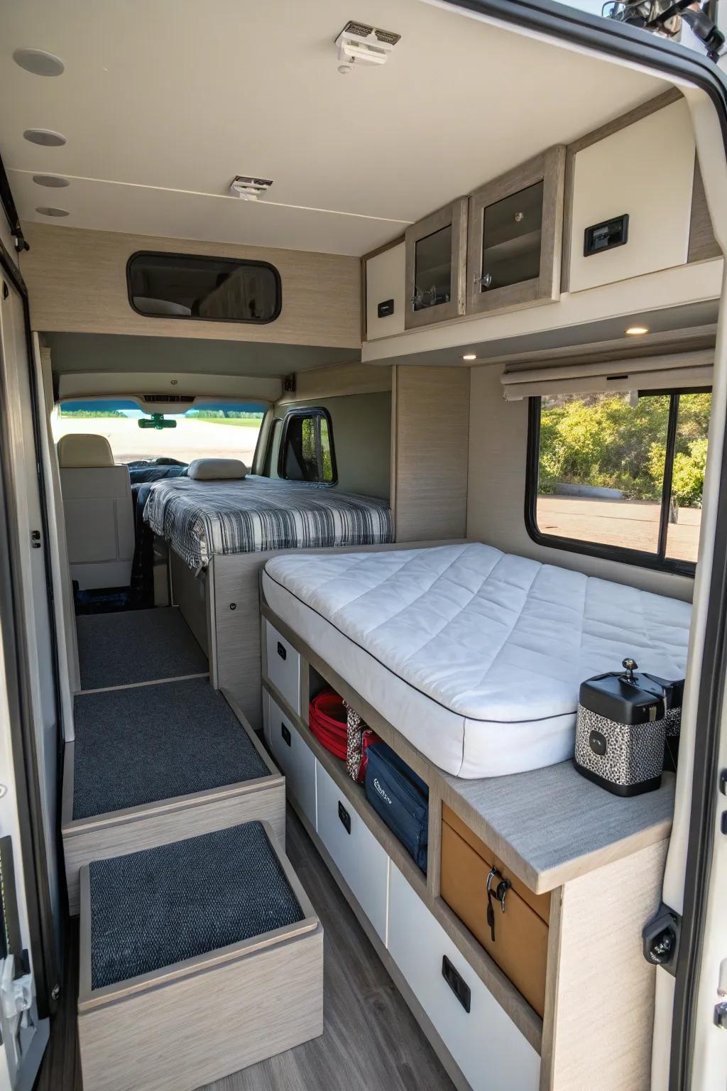 Compact folding beds maximize space in small RVs.