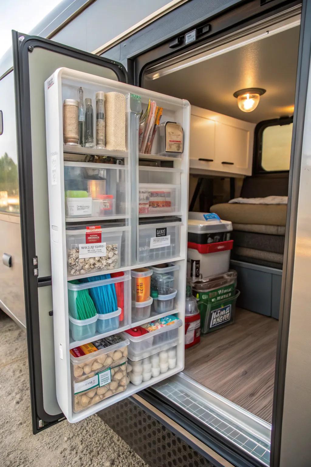 Clear storage containers keep cabinets organized and accessible.