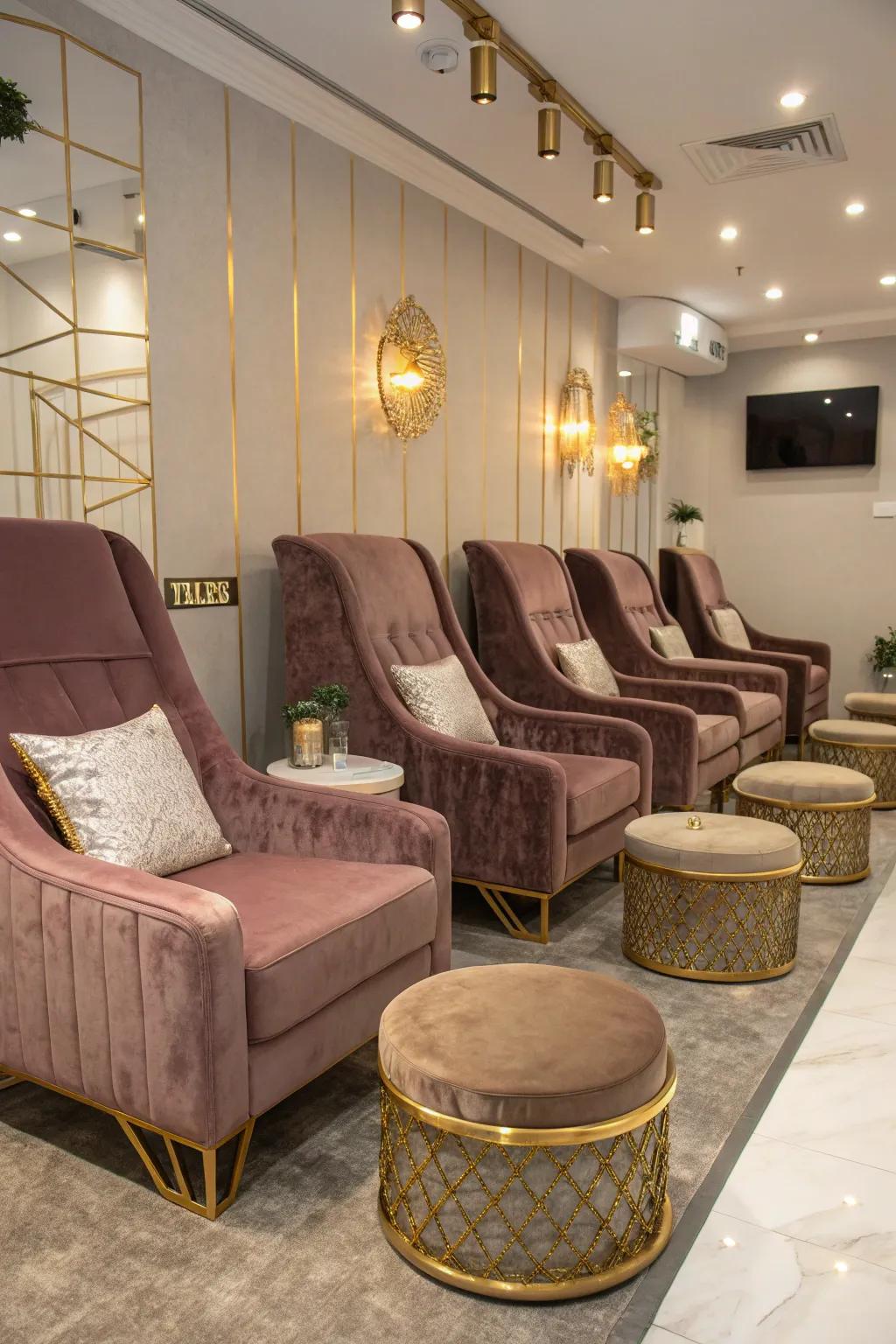 Glamorous touches create a high-end salon waiting area.